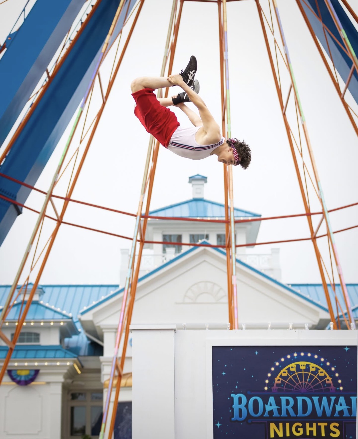 Avery performing an acrobatic skill at Boardwalk Nights